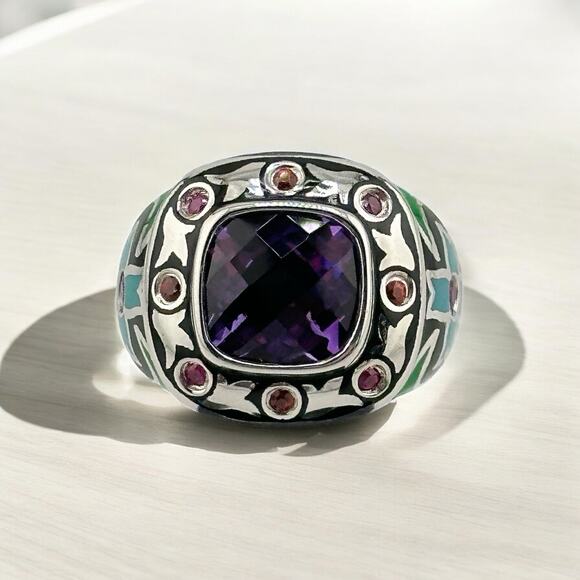 Sterling 925 Ring w/ Enamel and Faceted Purple and Pink Stones Size 6 - Picture 1 of 8